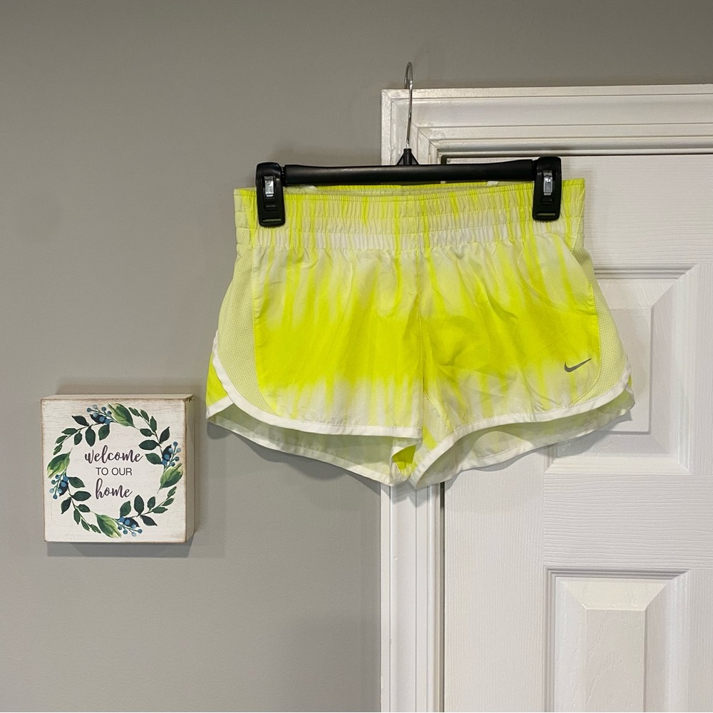 Nike Dri-Fit Neon Yellow White Tie Dye Athletic Running Shorts With Liner Small